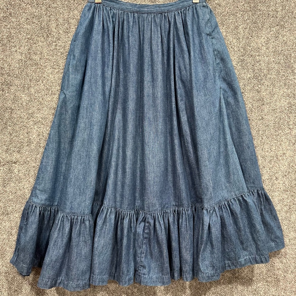 Vintage BIS France XS denim prairie midi skirt pockets ruffle hem Gene Ewing